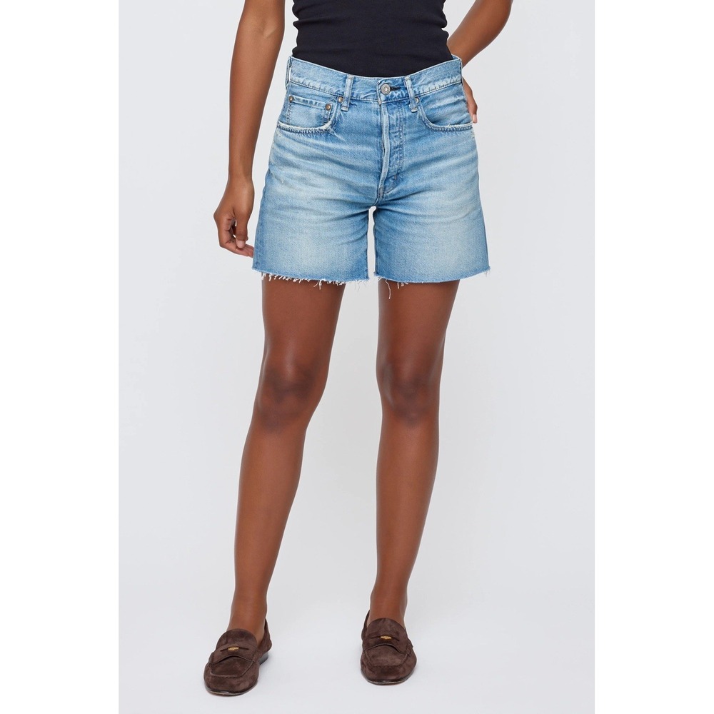 NWT Moussy Vintage Harbeson Denim Long Short Blue Size 24 High Rise Cut Offs - Picture 1 of 8